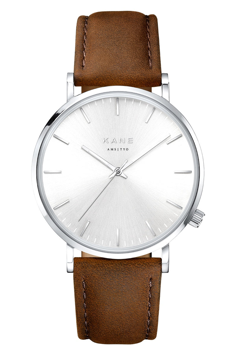 Silver watch with store brown leather band