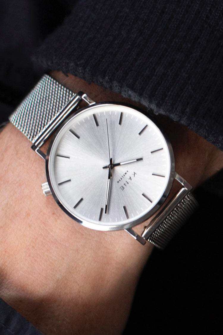 Minimalist Mens Watches by KANE® - Silver Steel Silver Mesh  display picture 3