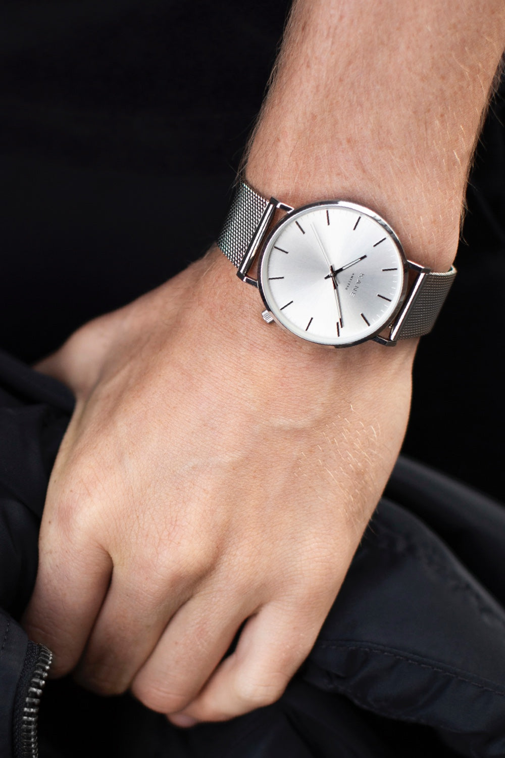 Minimalist Mens Watches by KANE Silver Steel Silver Mesh