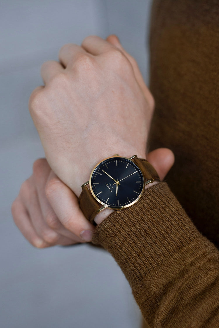 Gold Vintage Watch with Brown Leather Strap Shine Gold Watch With Dark Brown Leather Strap – August Berg main image 3